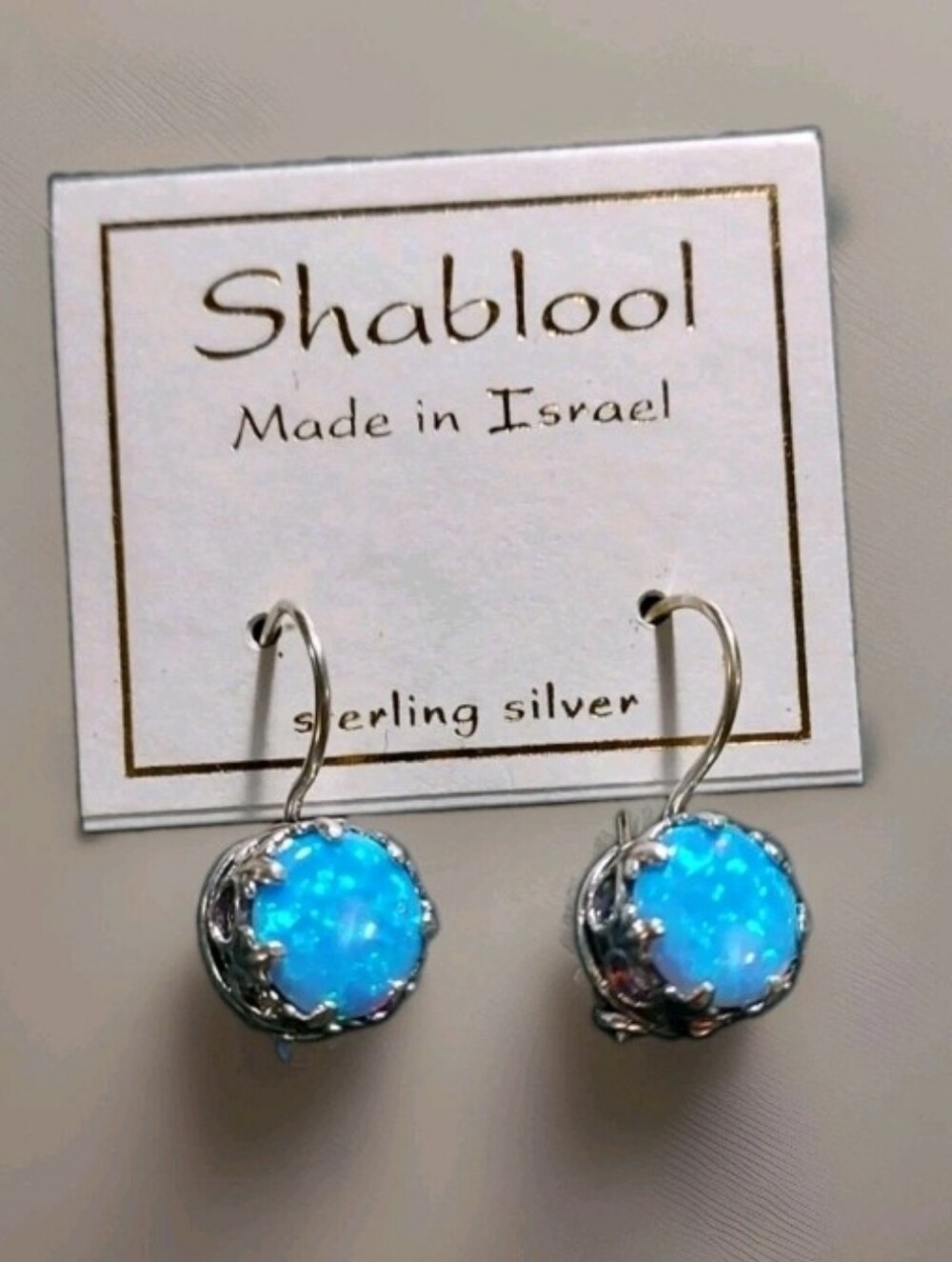 Shablool Israel Round Blue Opal Dangle Drop 925 Sterling Silver Earrings